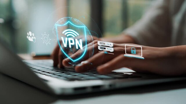 Secure Internet Connection Concept with Virtual Private Network on Laptop Display and Digital Elements Representing Data Protection and Privacy Sigmoid