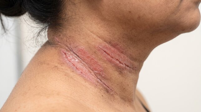 Close-up of severe hyperpigmentation and inflamed friction burns on woman neck folds
