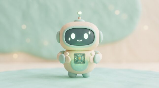 Cute toy robot standing and showing thumbs up gesture against a soft pastel background.