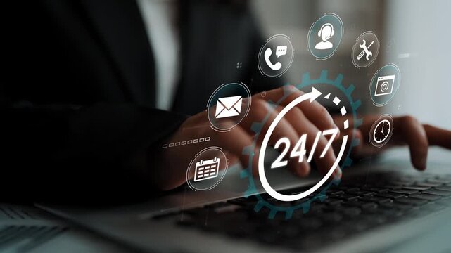 Concept of customer service support with 24-7 availability represented by hands typing on a laptop accompanied by communication icons and symbols for service assistance. Entropy.