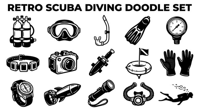 Retro scuba diving doodle set with snorkeling gear and underwater equipment icons on white background