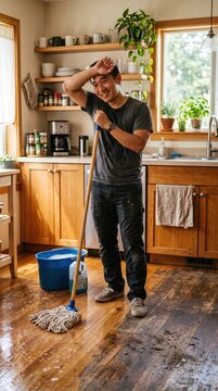 Asian man wiping sweat while mopping kitchen floor during home cleaning, pausing to rest while scrubbing wooden floorboards with a bucket and soap in a bright residential kitchen setting.