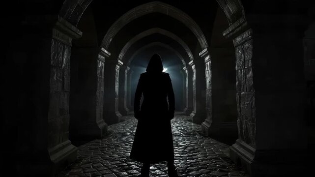 Silhouette Figure Walking Through Dark Stone Corridor Under Gothic Arches, Mysterious Hooded Cloak