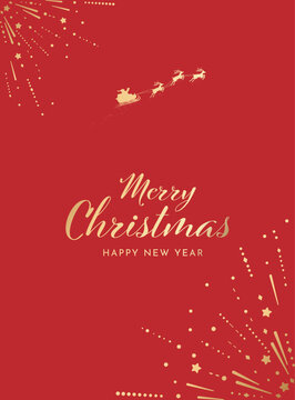 Elegant Merry Christmas and Happy New Year Vertical Greeting Poster with Santa Sleigh, Golden Firework Sparkles and Minimal Red Background, Editable Vector Illustration