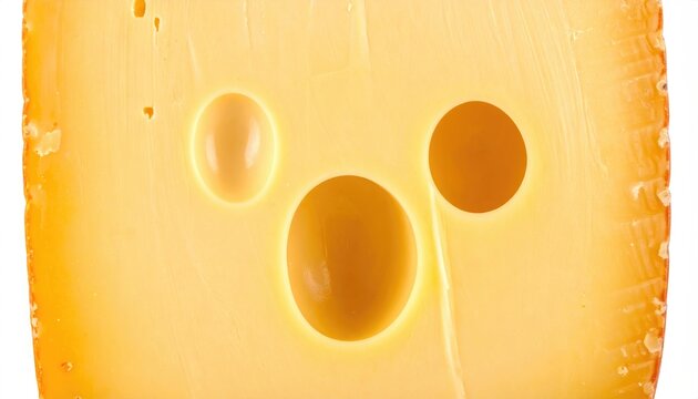 Close-up macro shot of a rich yellow cheese with three distinct holes