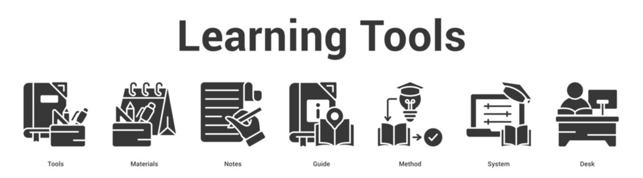 Learning Tools web banner icon set vector illustration concept for business with icon of Tools, Materials, Notes, Guide, Meth.
