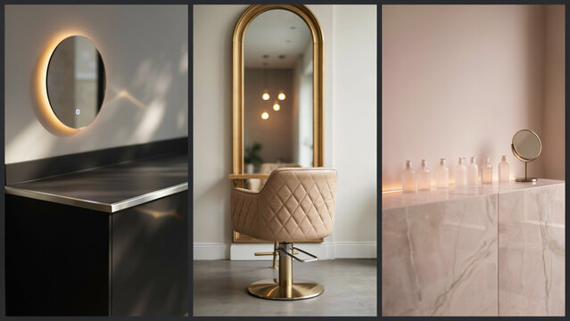 Interior details including a round wall lamp, a salon chair, and skincare bottles on marble