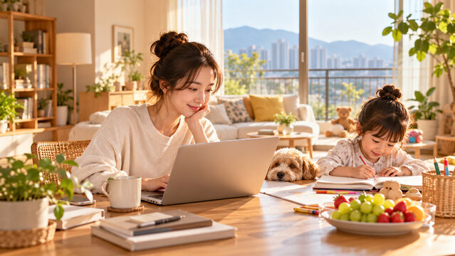 Mother Working from Home While Daughter Draws Nearby