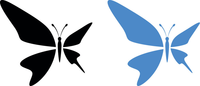 Two butterfly silhouettes one black and one blue against a white background