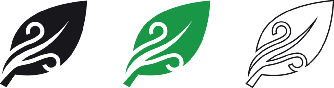 Three stylized leaf designs in black green and white with swirling patterns