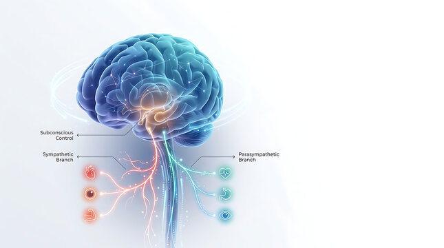 Infographic illustration showing the autonomic nervous system with sympathetic and parasympathetic branches originating from the brain