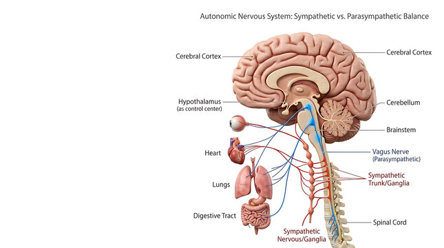 Detailed medical illustration showing the autonomic nervous system balance, highlighting sympathetic and parasympathetic pathways in the human brain and organs
