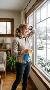 Smiling woman cleaning window with spray bottle and cloth during winter home chores as she pauses to wipe her forehead while preparing her living room for the upcoming holiday season.
