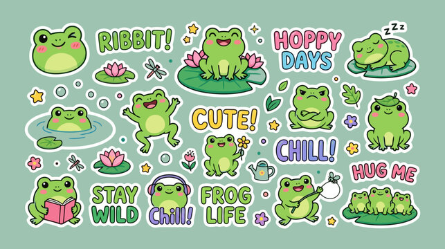 Cute frog stickers collection featuring funny green toad art.