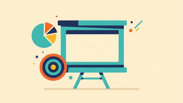 Business presentation board with pie chart and target icon, representing success and strategy.