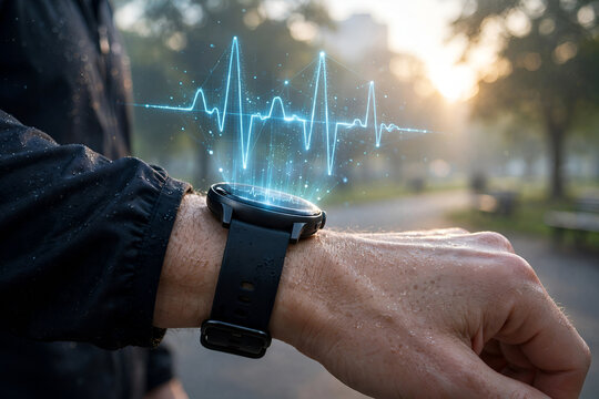 Futuristic smartwatch measuring heart rate pulse hologram outdoors, digital health tracker technology, runner monitoring cardiac heart rate on smart watch screen