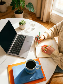Woman working at desk with laptop and writing in notebook