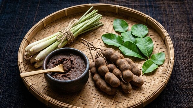 Arrangement of Southeast Asian ingredients on a woven bamboo tray