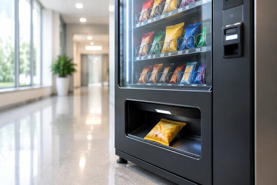 Modern vending machine with snack dropping into slot, convenience and retail concept