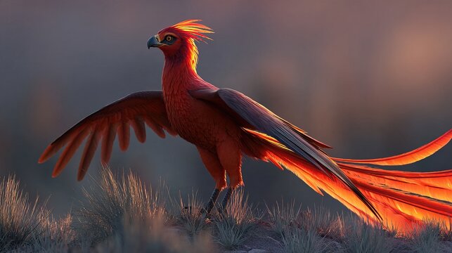 phoenix. Majestic phoenix with fiery plumage rising from grey ashes at dawn. event programs, museum guides, designed for cultural heritage projects and event programs.