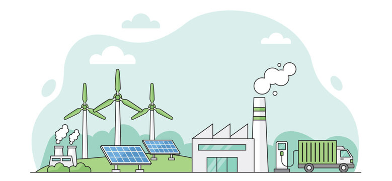 Green energy plant with wind turbines, solar panels, electric truck charging and low carbon power
