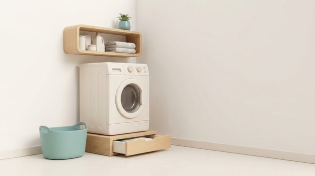 Elderly Care Supporting Independent Living for an Aging Population, Minimalist laundry room with a washing machine, storage shelf, and a green laundry basket on a light floor.