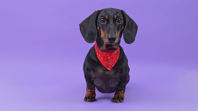 A black and tan dachshund dog in a red paisley bandana sits in a studio against a purple backdrop, glancing down and sideways before staring straight ahead with big dark eyes and floppy ears swinging.