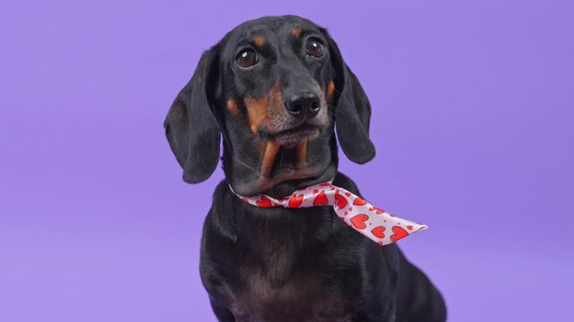 A black and tan dachshund dog wearing a neckerchief with red heart print tilts and lifts its head on a violet studio backdrop, an idea of pet adoption and animal shelter promotion.