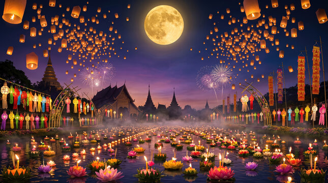 Night festival with floating lantern and lotus flower, yi peng celebrates glowing moonlight over temple and water.