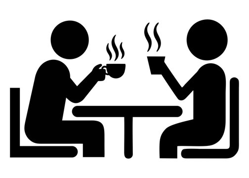 
A minimalist black silhouette vector icon depicting a person enjoying a hot cup of coffee while seated at a table