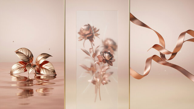 Rose gold metallic plant leaves, flowers, and flowing ribbons on a soft neutral background