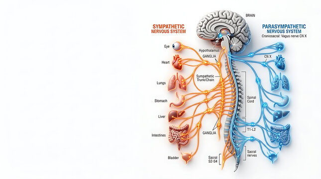 Detailed anatomical illustration of the human autonomic nervous system with sympathetic and parasympathetic divisions and organs