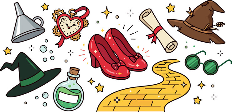 Magical Wizard Fantasy Icon Set with Ruby Slippers Yellow Brick Road Witch Hat Heart Clock and Whimsical Fairy Tale Vector Elements