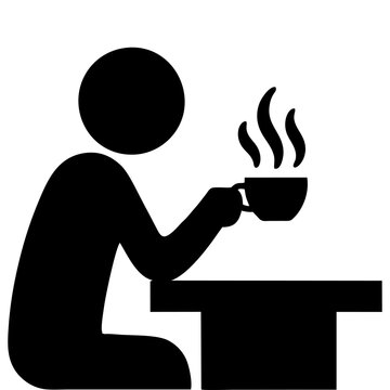 
A minimalist black silhouette vector icon depicting a person enjoying a hot cup of coffee while seated at a table