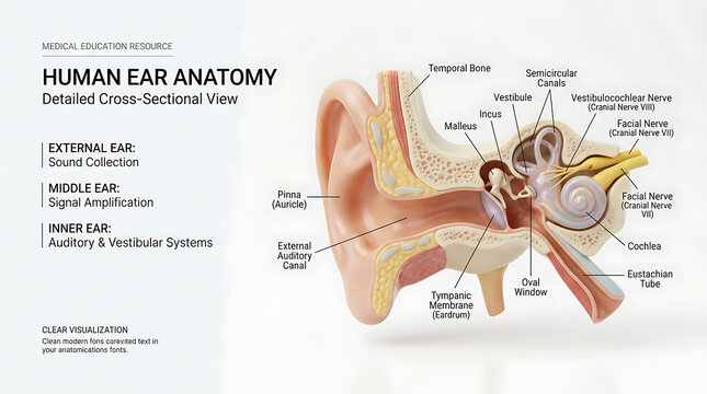Detailed anatomical illustration of the human ear, showcasing internal structures and the auditory and vestibular systems for comprehensive medical education purposes