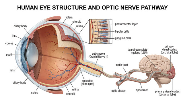 Comprehensive diagram illustrating the intricate human eye structure and the essential optic nerve pathway, detailing visual signal transmission to the brain