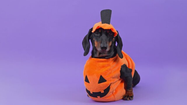 A black and tan dachshund dog in an orange jack o lantern outfit with a matching hat sits in a studio, turning its head from side to side against a plain lilac backdrop with room for text.