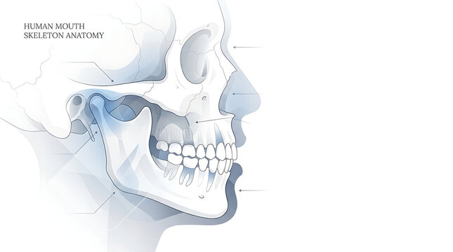 Detailed medical illustration of human mouth skeleton anatomy showing jaw structure teeth and skull profile for science education