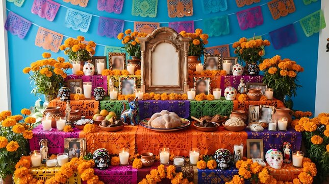 Traditional day of the dead altar decorated with marigold flowers and sugar skulls on a table with framed photographs arranged multi tiered table