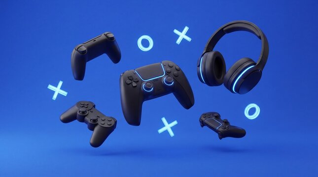 Floating game controllers and headphones with glowing symbols on a vibrant blue background studio display with surrounded glowing circular wireless headphones float
