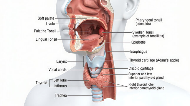 Medical Illustration of Human Throat and Thyroid Anatomy Diagram with Tonsils, Larynx, and Vocal Cords