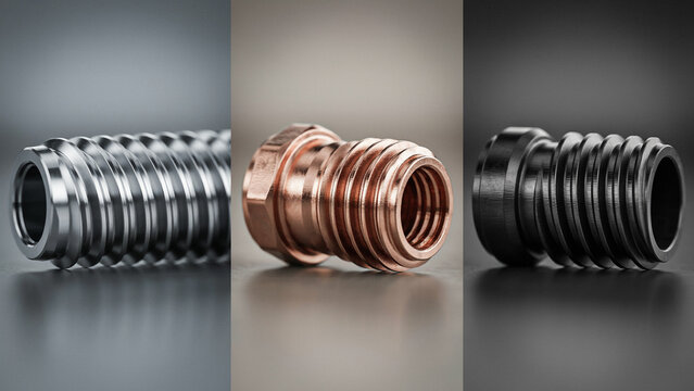 Three close up views of threaded metal bolts in silver copper and black finishes on grey