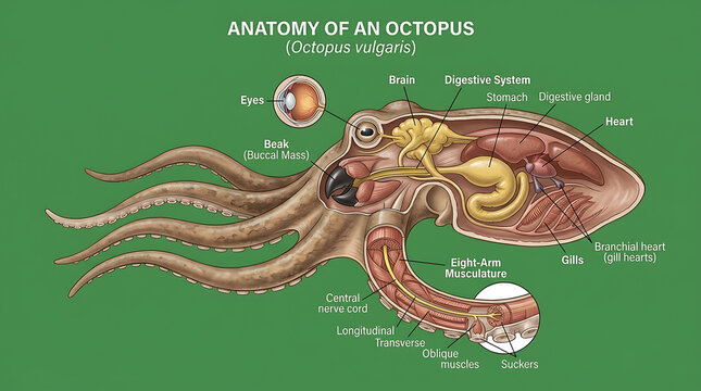 A detailed octopus anatomy 3D render, showcasing the complex internal organ systems of this fascinating marine creature for educational and scientific purposes