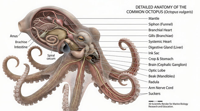 Detailed anatomical diagram of the common octopus showcasing internal organs, nervous system, and tentacle structure with descriptive text labels