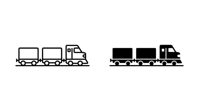 Freight train locomotive and cargo cars icon set for logistics and transportation industry design.