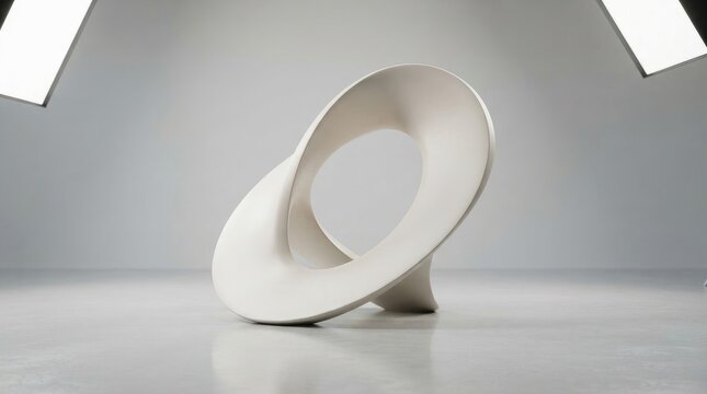 White abstract sculptural ring with a twisted mobius strip shape standing on a gray floor under bright studio lighting from above corners