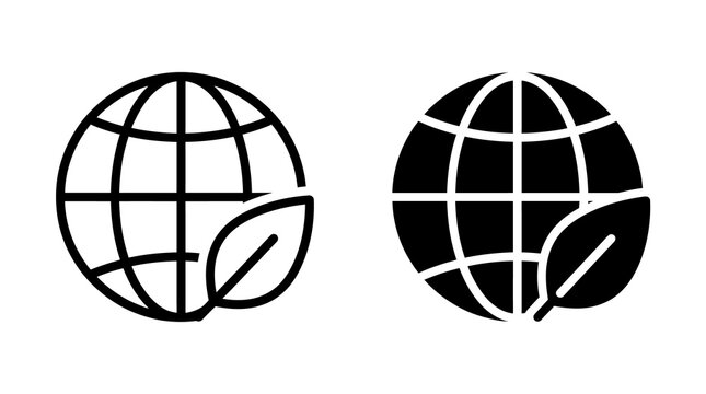 Global earth planet with green leaf symbol for environmental awareness icon in line and solid styles.