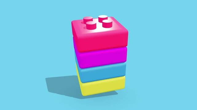 Colorful plastic building blocks falling and stacking on blue surface