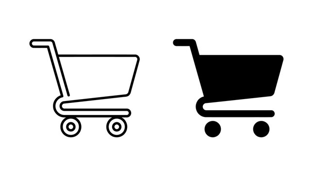 Shopping cart trolley icons with outline and solid black styles for retail and e-commerce websites.