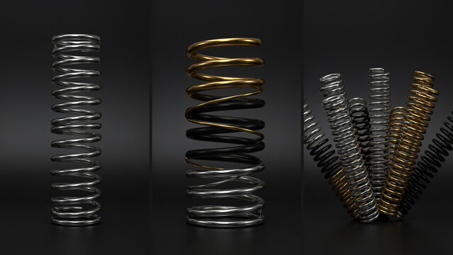 Three close up compositions of metal coil springs in silver gold and black finishes